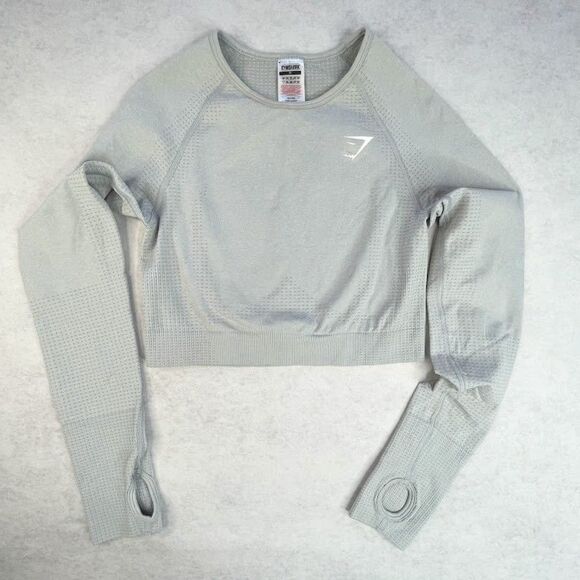 Gymshark Womens Shirt Gray Vital Crop Top Long Sleeve Workout Activewear Size M - Picture 1 of 10